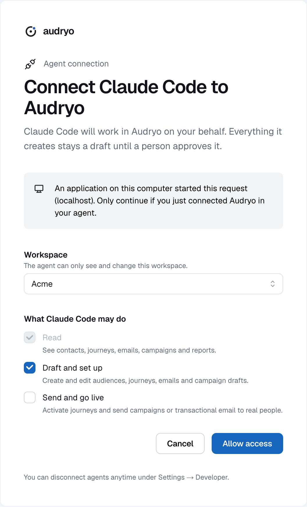 Audryo's consent screen: choose the workspace and what the agent may do.