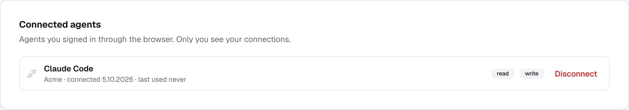 Connected agents in Settings → Developer.