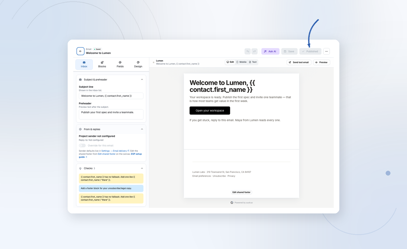 The canvas is the email. Block settings live on the left; add-blocks stay on the right.