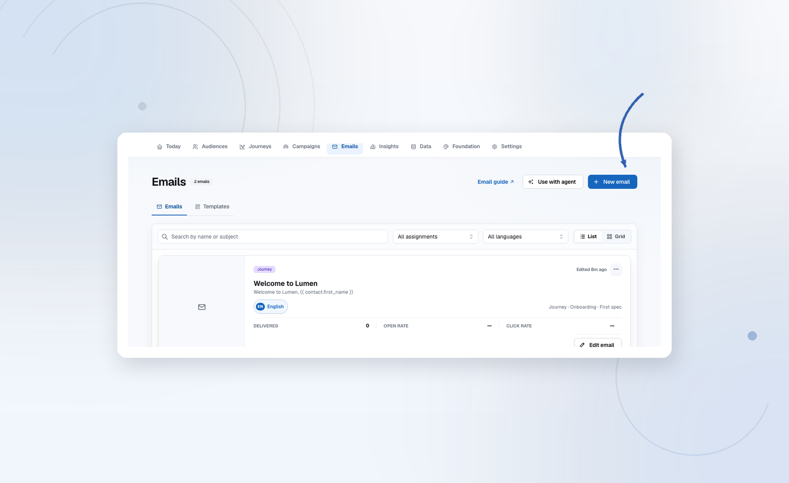 The Emails library shows drafts, published emails, and where each one is used.