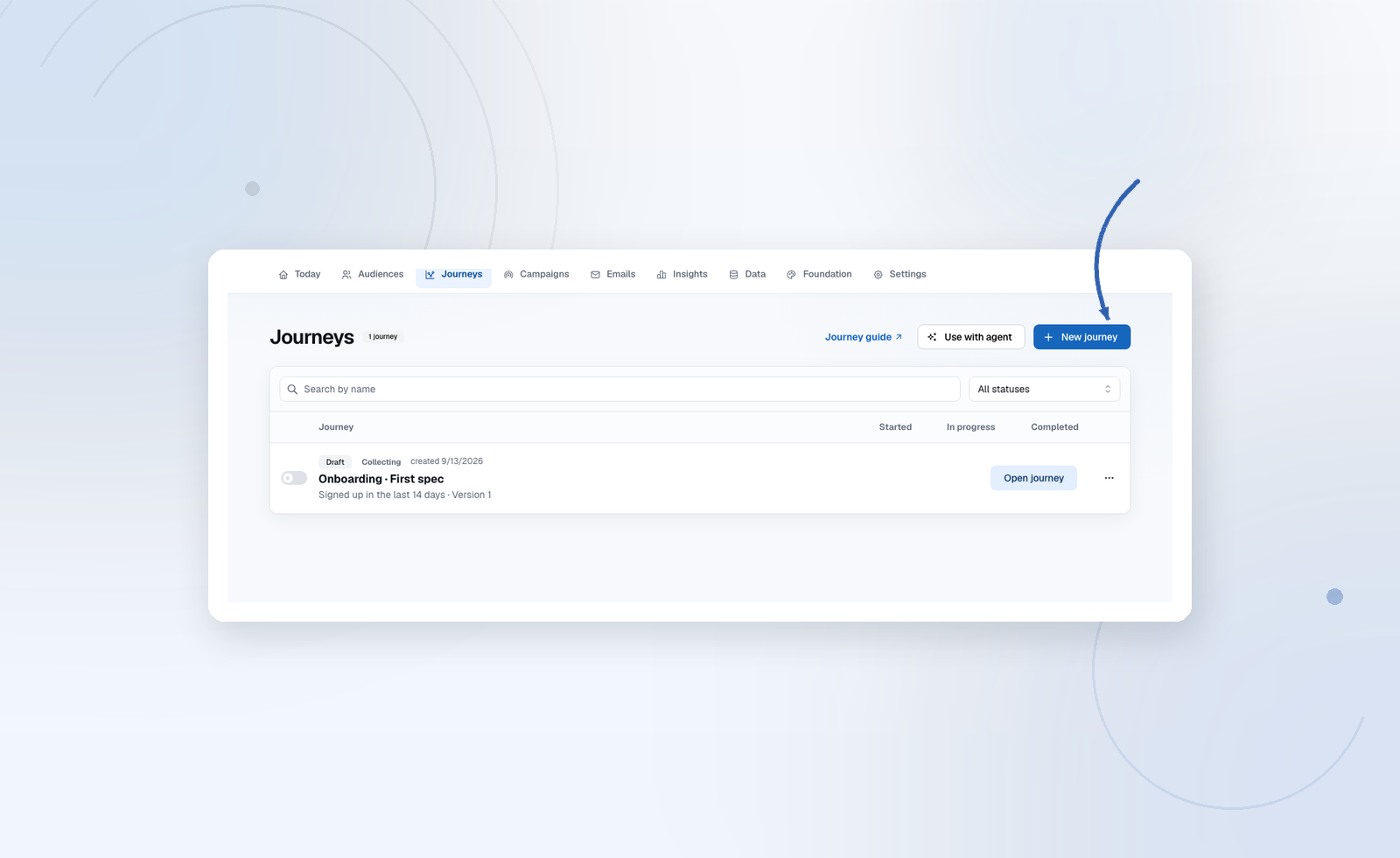 Start from Journeys — each row is a draft, live, or paused automation.