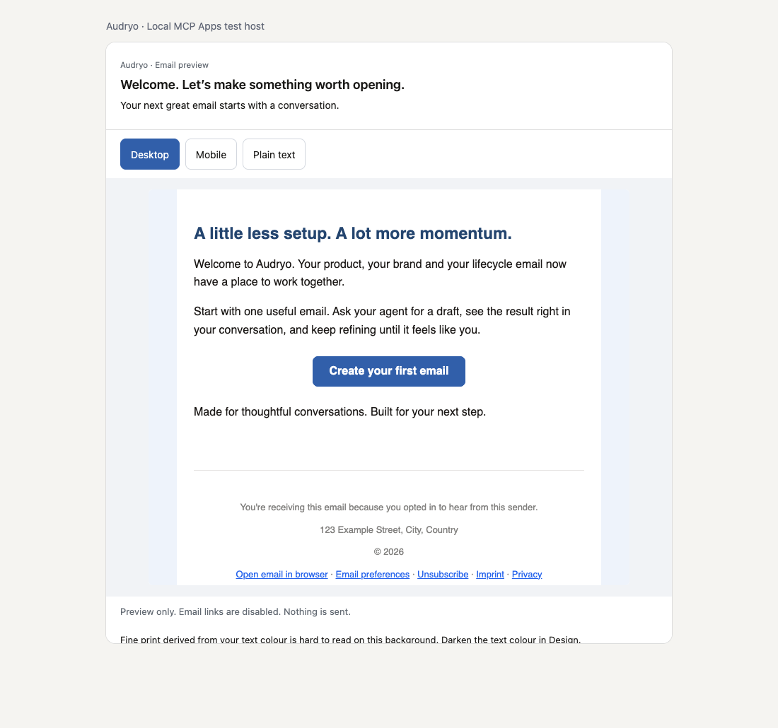 The Audryo email preview in a local MCP Apps test host.